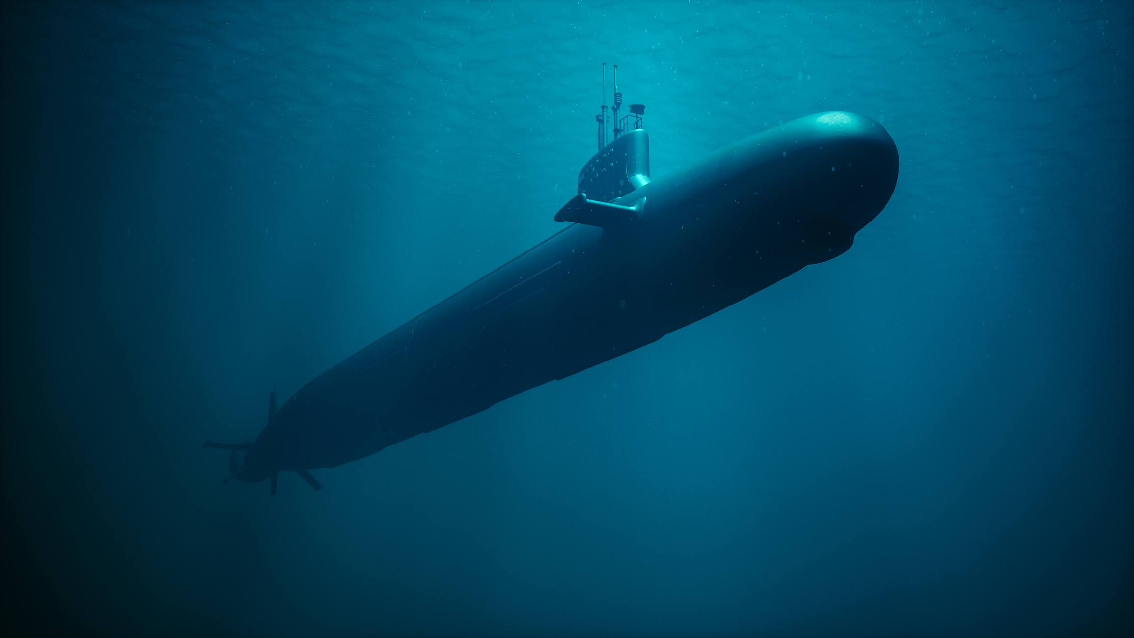 GettyImages-1427269366 3D rendering of a nuclear submarine moving underwater.